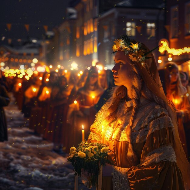 Foto celebração tradicional do dia de lúcia mulher com vela acesa em uma multidão de pessoas