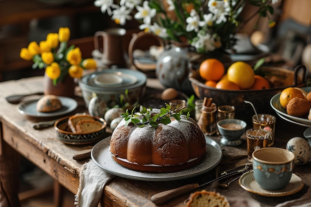 Celebração vibrante da primavera Frutas e bolos de Páscoa no brunch