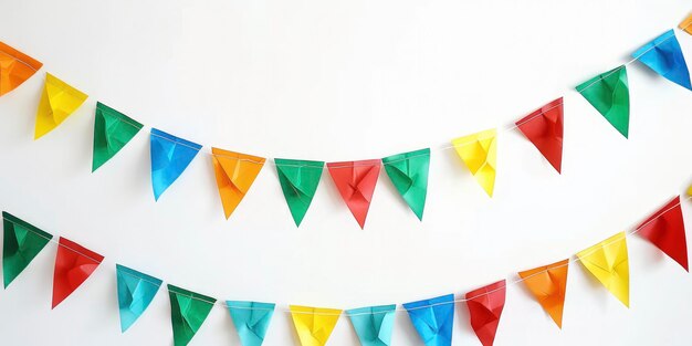 Foto celebração vibrante giralda de festa colorida com bandeiras festivas em vermelho brilhante verde amarelo e azul em forma triangular e isolada em branco perfeito para decoração de parede em eventos de festa