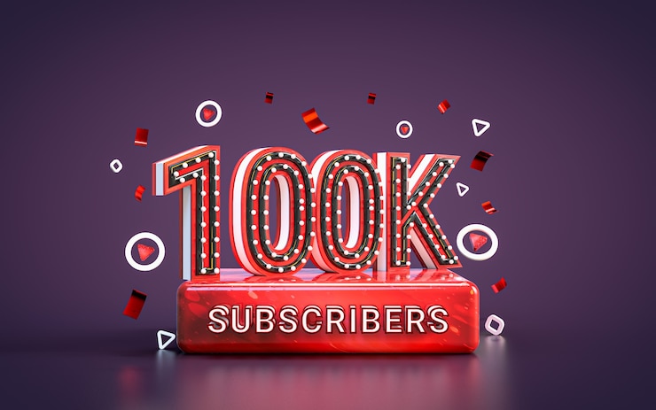 Foto celebración de 100k suscriptores cientos de miles de seguidores tarjeta de felicitación de las redes sociales render 3d