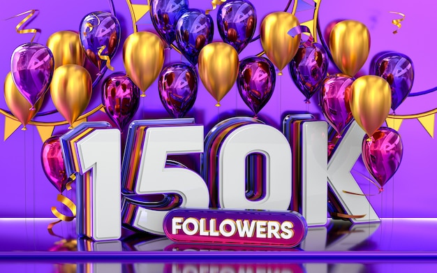 Celebración de 150k seguidores gracias banner de redes sociales con representación 3d de globos morados y dorados
