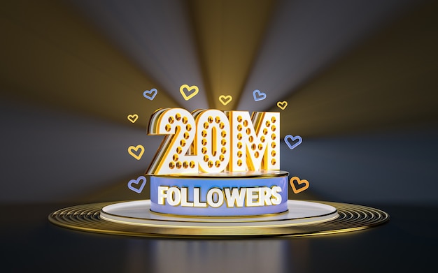 Celebración de 20 millones de seguidores gracias banner de redes sociales con fondo dorado destacado 3d