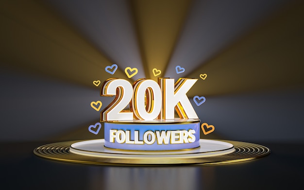 Celebración de 20k seguidores gracias banner de redes sociales con fondo dorado de foco 3d render