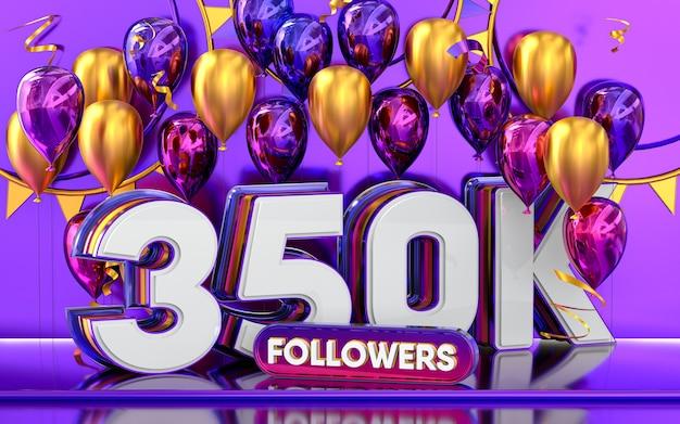 Foto celebración de 350k seguidores gracias banner de redes sociales con representación 3d de globos morados y dorados