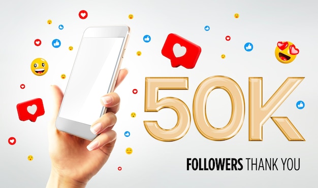 Celebración de 50 mil seguidores con el teléfono móvil en la mano con pantalla en blanco Renderización 3D
