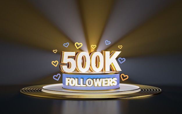 Celebración de 500k seguidores gracias banner de redes sociales con reflector fondo dorado render 3d