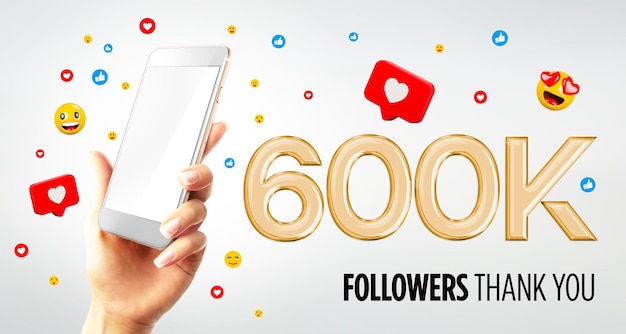 Celebración de 600k seguidores con el teléfono móvil en la mano con pantalla en blanco Renderización 3D