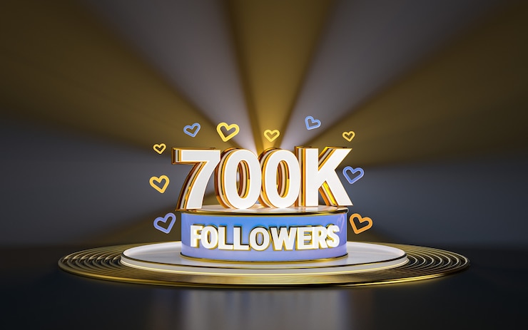 Foto celebración de 700k seguidores gracias banner de redes sociales con fondo dorado de foco 3d render