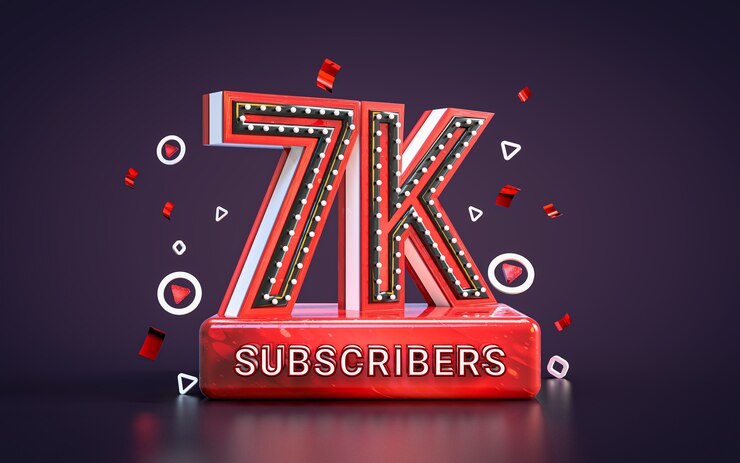 Foto celebración de 7k suscriptores siete mil seguidores tarjeta de felicitación de redes sociales render 3d