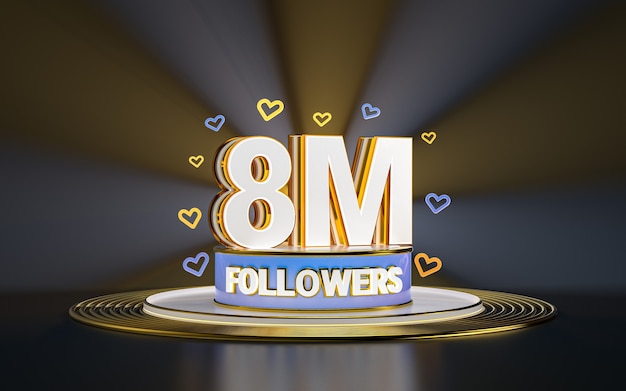 Celebración de 8 millones de seguidores gracias banner de redes sociales con fondo dorado destacado 3d