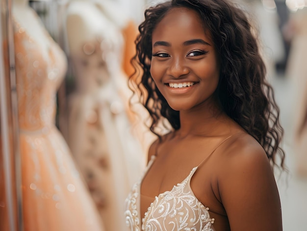 Celebración alegre Adolescente de piel oscura en elegante traje de baile