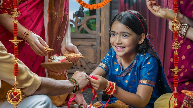 Celebración alegre de las hermanas de Raksha Bandhan atando el hilo sagrado