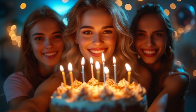 Foto celebración amigos disfrutando juntos de un dulce pastel de chocolate