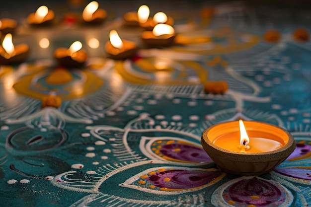 Celebración animada de Diwali con intrincados diseños de rangoli y dias Celebración festiva de Diwali adornada con intrincadas diseños de Rangoli y diyas brillantes