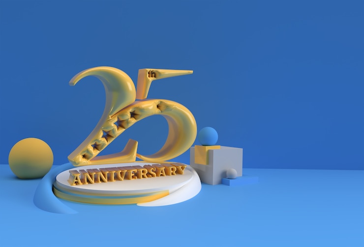 Foto celebración del aniversario de 25 años productos de visualización de texto publicidad diseño de ilustración de renderizado 3d.