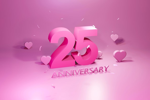 Celebración del aniversario de 25 años sobre fondo rosa claro 3d render