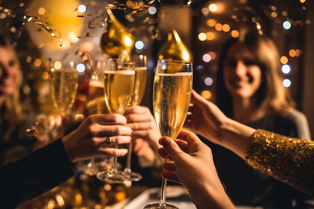 Celebración de Año Nuevo con botella de champán de fondo
