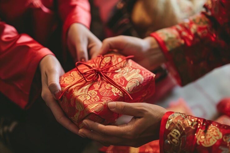 Celebración del año nuevo chino Foto recortada de la mano recibiendo sobres rojos de sus padres