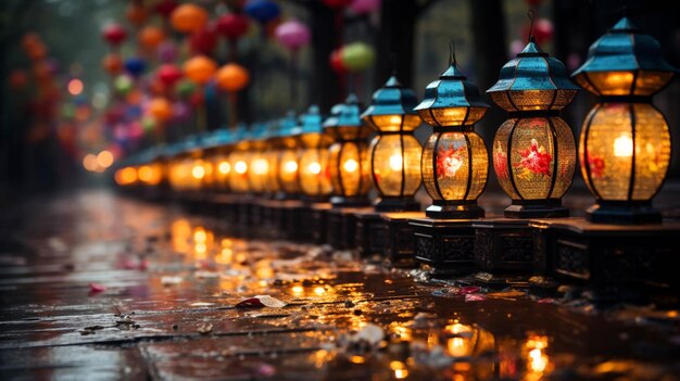 Celebración del año nuevo chino con linternas con luces parpadeantes por la noche