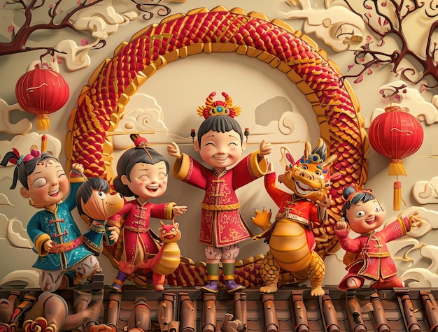 celebración del año nuevo chino tarjeta de felicitación con gente china niños y danza del dragón