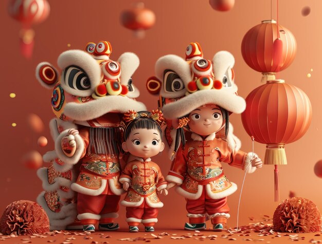 celebración del año nuevo chino tarjeta de felicitación con gente china niños y danza del dragón