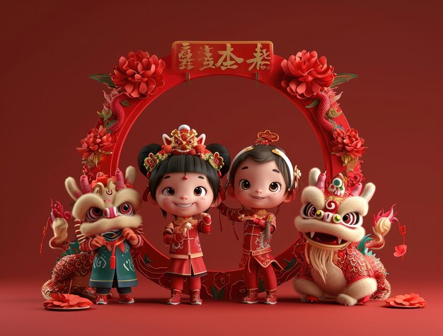 celebración del año nuevo chino tarjeta de felicitación con gente china niños y danza del dragón