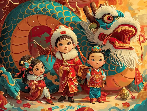 celebración del año nuevo chino tarjeta de felicitación con gente china niños y danza del dragón