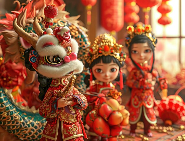celebración del año nuevo chino tarjeta de felicitación con gente china niños y danza del dragón