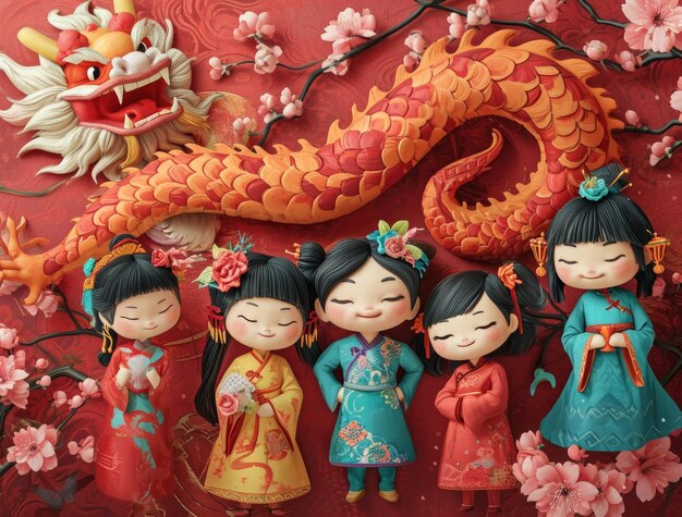 celebración del año nuevo chino tarjeta de felicitación con gente china niños y danza del dragón