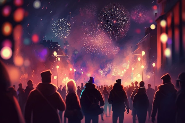Celebración de Año Nuevo en el fondo con bokeh y fuegos artificiales