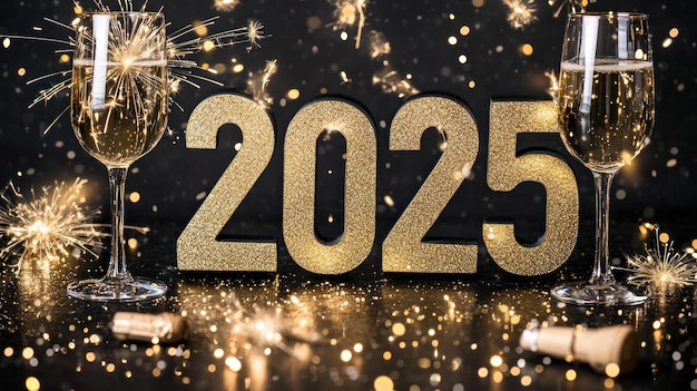 Celebración brillante del Año Nuevo 2025 con champán