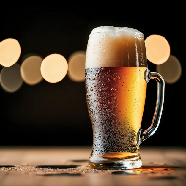 Celebración de cerveza de vidrio Bokeh bebida de cerveza ligera Celebrar y relajarse concepto con espacio de copia
