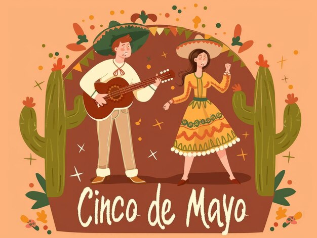 Celebración del Cinco de Mayo con un hombre y una mujer en ropa tradicional mexicana bailando tocando la guitarra