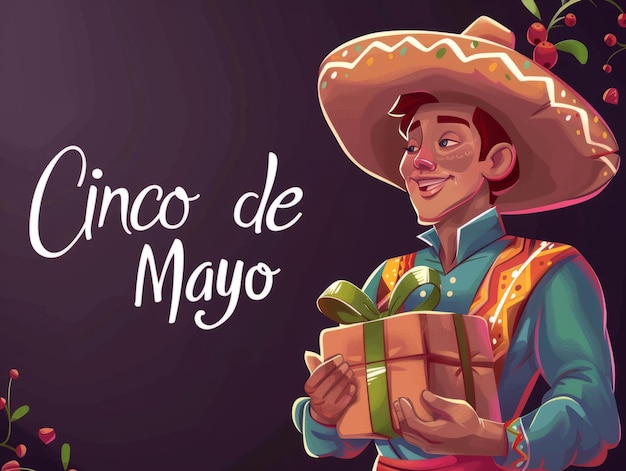 Celebración del Cinco de Mayo con un hombre con ropa tradicional mexicana sosteniendo una caja de regalos