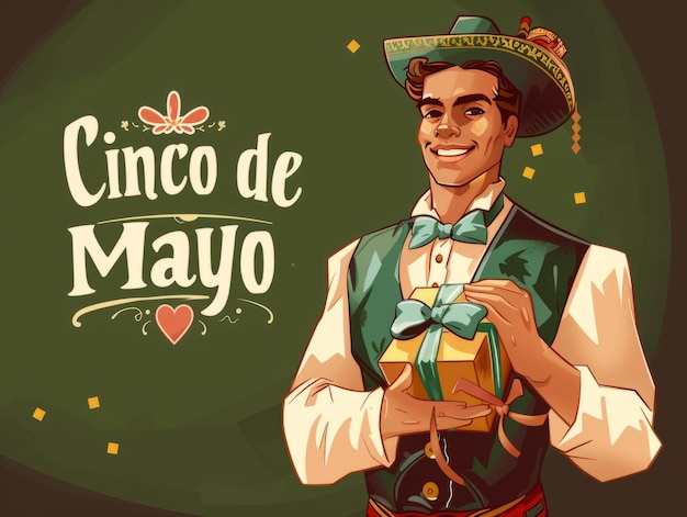 Celebración del Cinco de Mayo con un hombre con ropa tradicional mexicana sosteniendo una caja de regalos