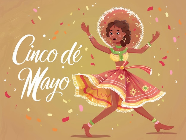 Celebración del Cinco de Mayo con una mujer en ropa tradicional mexicana bailando