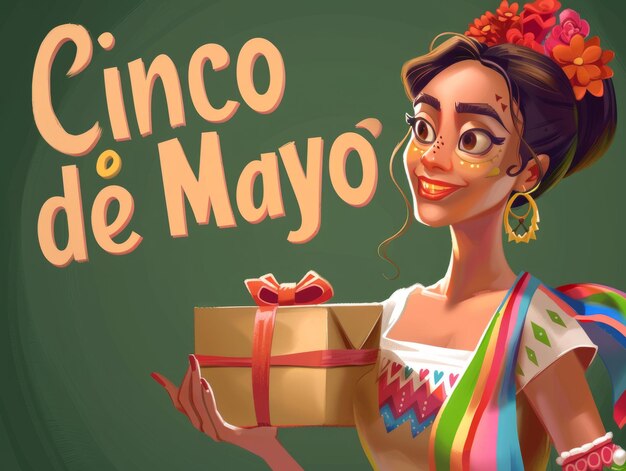 Celebración del Cinco de Mayo con una mujer con ropa tradicional mexicana sosteniendo una caja de regalos