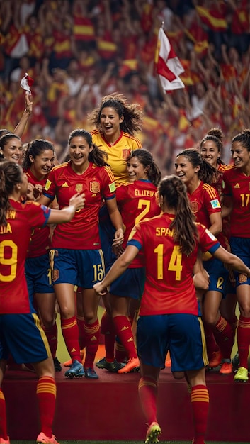 Celebración cinematográfica del triunfo del equipo español de fútbol femenino en el icónico rojo y amarillo