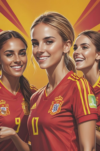 Celebración cinematográfica del triunfo del equipo español de fútbol femenino en el icónico rojo y amarillo