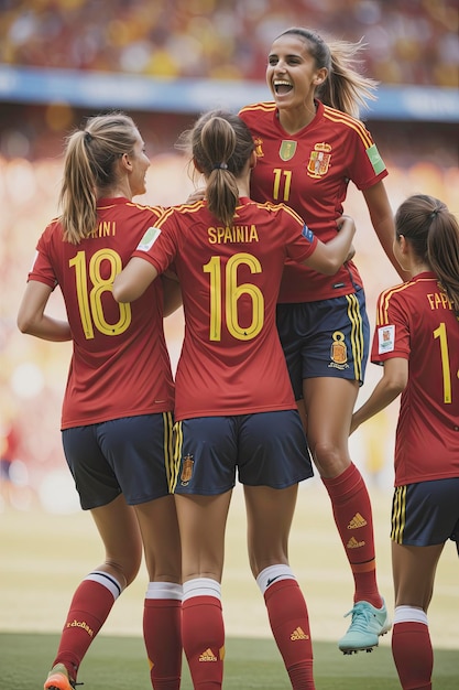 Celebración cinematográfica del triunfo del equipo español de fútbol femenino en el icónico rojo y amarillo