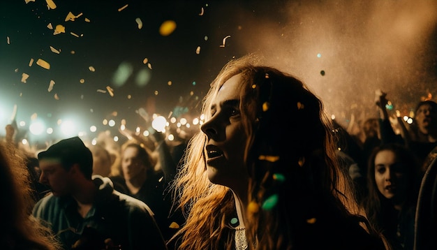 Una celebración colorida con un gran número de personas en una arena con confeti de luces, una perspectiva de gran angular y gente alegre que no mira a la cámara IA generativa