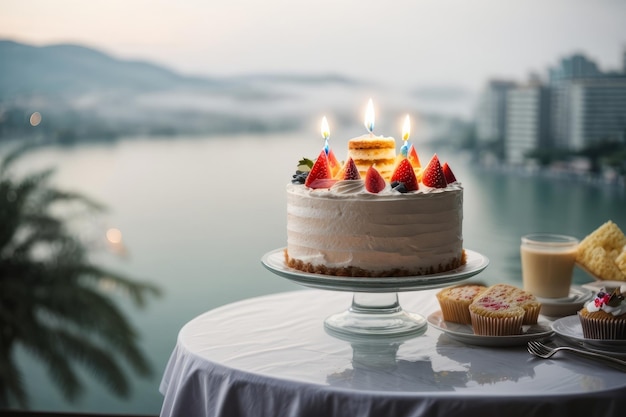 Celebración colorida tentadora tarta de cumpleaños con velas encendidas en la mesa