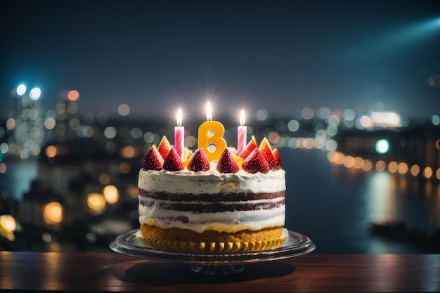 Celebración colorida tentadora tarta de cumpleaños con velas encendidas en la mesa