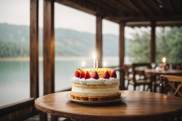 Celebración colorida tentadora tarta de cumpleaños con velas encendidas en la mesa