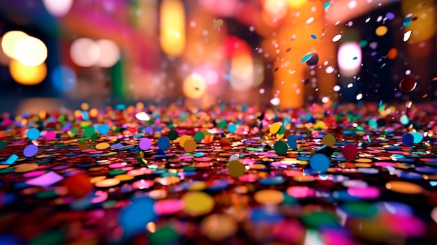 Celebración de coloridos confeti coloridos y Bokeh en un fondo de carnaval Ilustrador de IA generativa