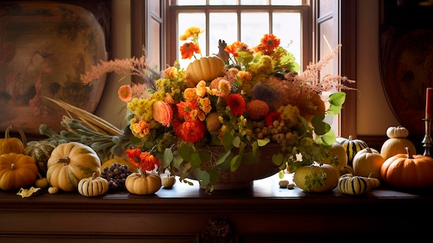 Celebración cosecha abundancia arreglos de flores de calabaza en la mesa en una acogedora habitación de campo IA generativa