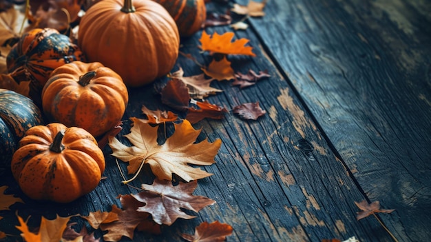 Celebración de la cosecha Hojas de calabaza y tradiciones familiares sobre un fondo de madera oscura