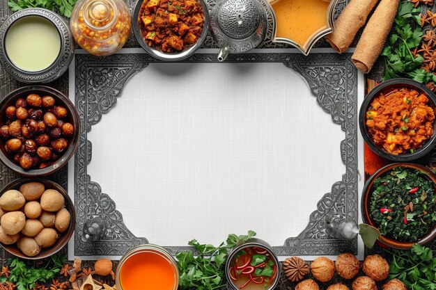 Celebración cultural comida árabe y marco blanco creando un ambiente festivo de Ramadán
