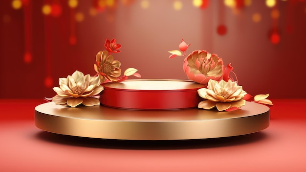 Celebración cultural Una impresionante exhibición de un podio 3D rojo y dorado con decoraciones florales