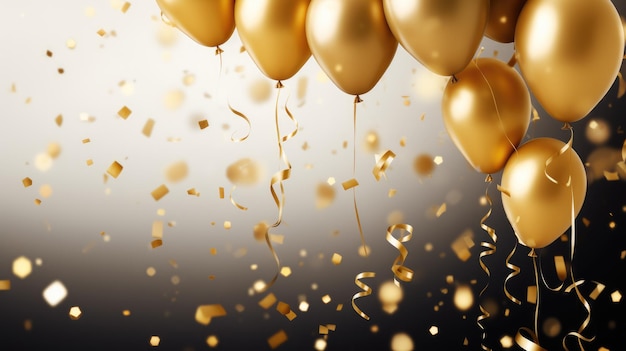 Celebración de cumpleaños con globos dorados y purpurina.